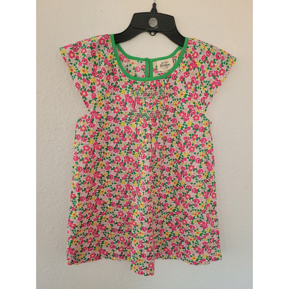 Mini Boden Girls Pink Green Floral Smocked Flutter Sleeve Top Blouse 11-12Y #4
